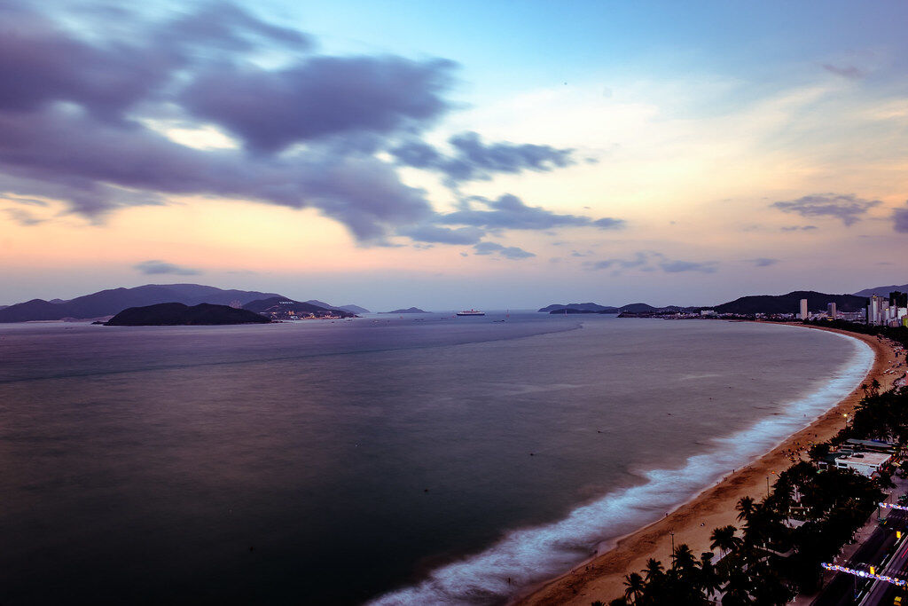 Classic aerial shot of Nha Trang main beach at golden hour